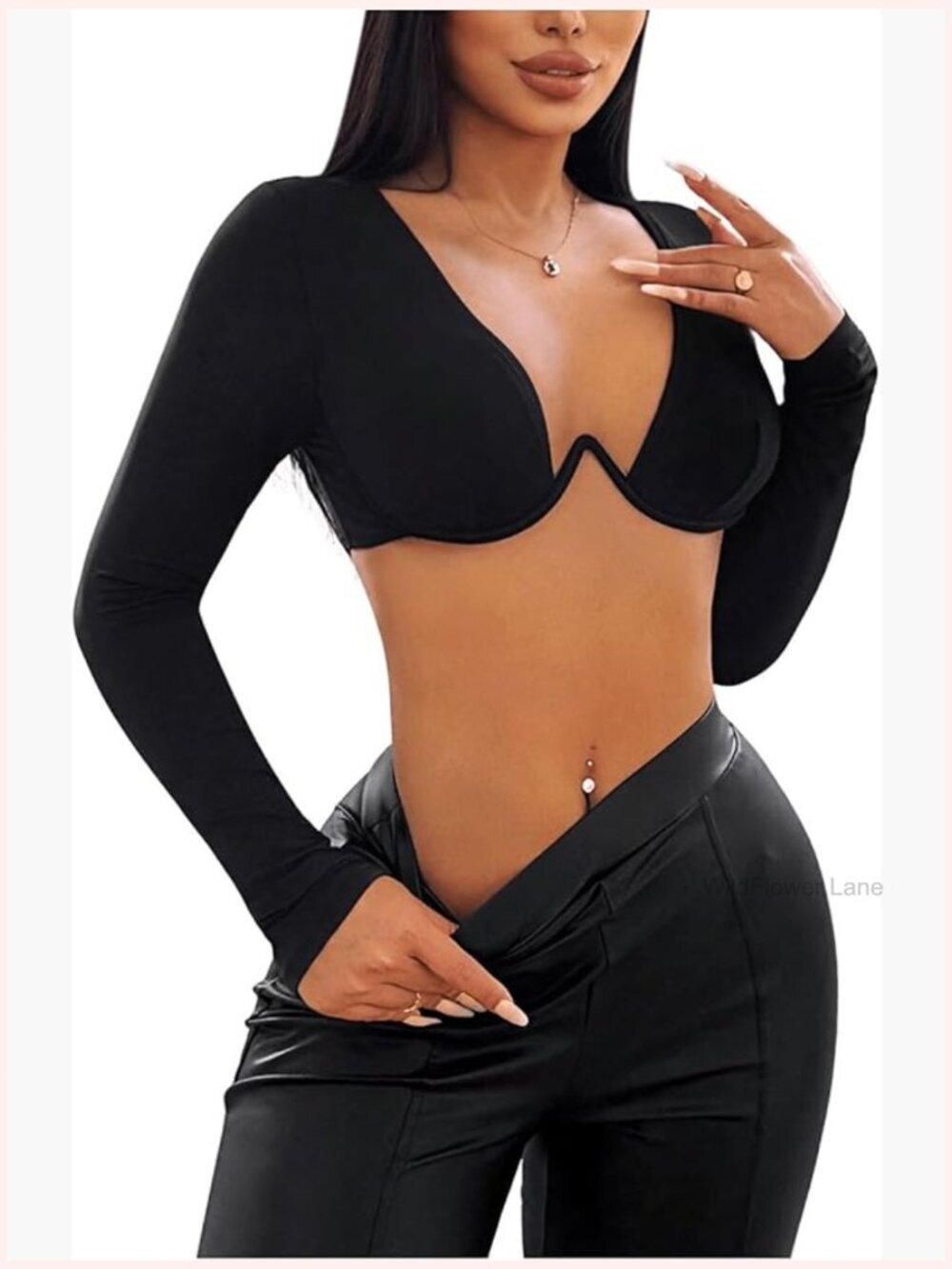 Deep V Neck Long Sleeve Crop Tee - Polyamide Stretch